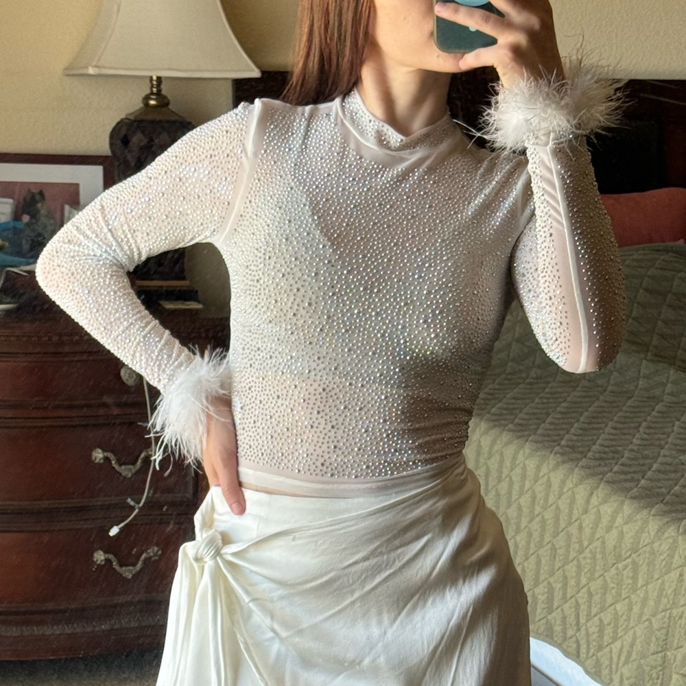White Embellished Mesh Top